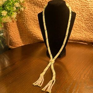 Beautiful lariat - beaded white pink green flower design with gold tone accents